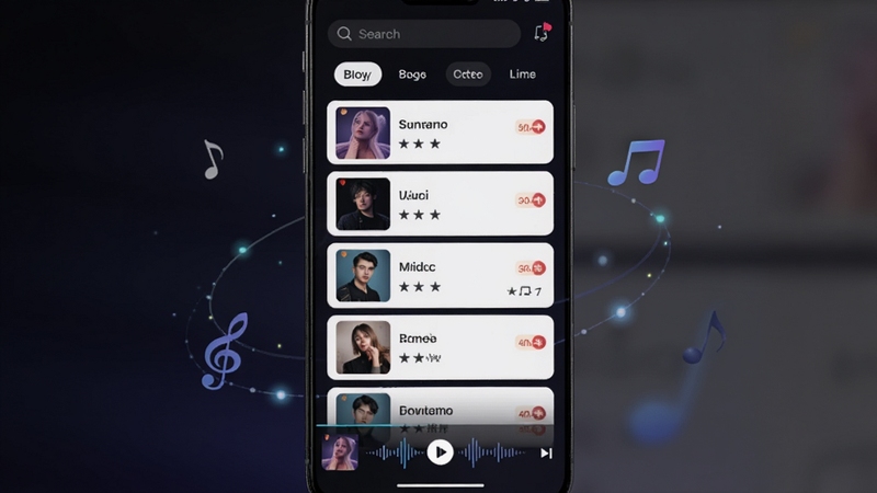 微视频音乐库选择界面截图,手机屏幕中音乐列表以卡片形式垂直排列,每张卡片显示封面、歌名和热度标签,顶部有搜索框和分类选项卡,底部正在播放的歌曲带有动态波形条,背景为深色渐变,音乐符号与光点元素点缀,营造沉浸式的选歌氛围,适配Boogu模型生成