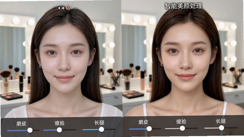 微视频美颜美体功能对比预览图,左侧为原始拍摄画面,右侧为经过智能美颜处理的画面,人物皮肤细腻光滑,五官立体自然,身体比例协调,界面底部有磨皮、瘦脸、长腿等调节滑块,背景为明亮的化妆间场景,光线柔和,突出自然美颜效果,适配Boogu模型生成