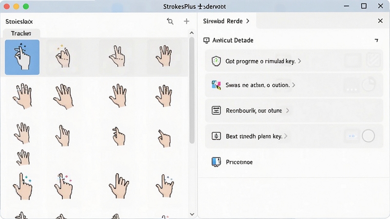 StrokesPlus 手势编辑器界面,左侧为手势轨迹库列表,右侧为动作设置面板,展示如何为手势分配打开程序或模拟按键等动作,界面清晰,色调为浅色系,突出软件配置的便捷性