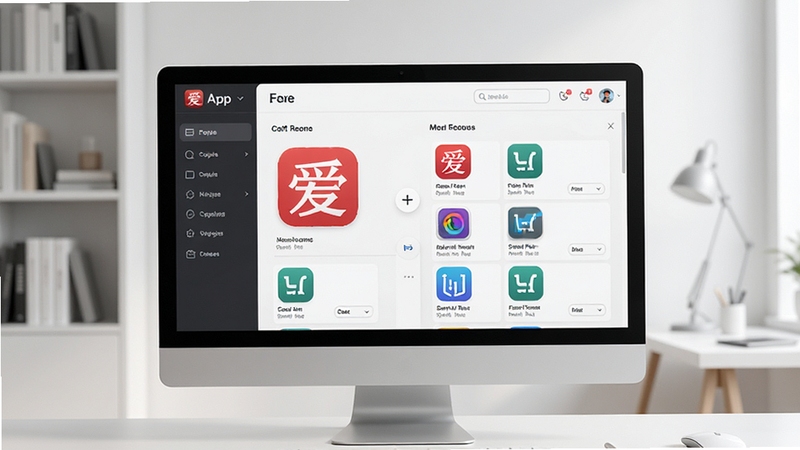 一张展示爱应用PC版主界面的高清截图,界面整洁明亮,左侧分类导航清晰,右侧展示热门软件推荐列表,背景为现代简约书房场景,电脑屏幕中显示软件管理界面,画面清晰,光线柔和,突出软件的品牌标识和核心功能布局。