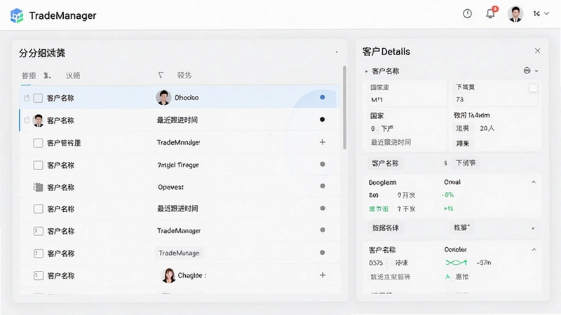 TradeManager客户管理界面预览图,画面展示分组列表与客户详情面板,包含客户名称、国家、最近跟进时间等字段,背景为浅灰色商务风格,突出客户精细化管理与数据可视化特点,整体设计清爽易读