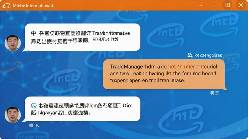 TradeManager软件聊天界面预览图,画面展示中英文自动翻译的对话气泡,左侧为中文消息,右侧为英文翻译结果,背景为阿里国际站风格的蓝色渐变,界面简洁清晰,突出多语言实时翻译功能,整体风格专业商务