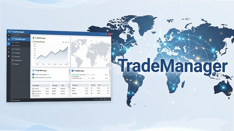 一张TradeManager软件的宽幅宣传预览图,画面左侧为软件主界面,右侧为醒目的软件名称TradeManager与全球地图背景,整体风格商务大气,采用蓝色科技色调,突出软件作为国际贸易沟通桥梁的核心定位,画面清晰明亮,适合作为下载站首图展示