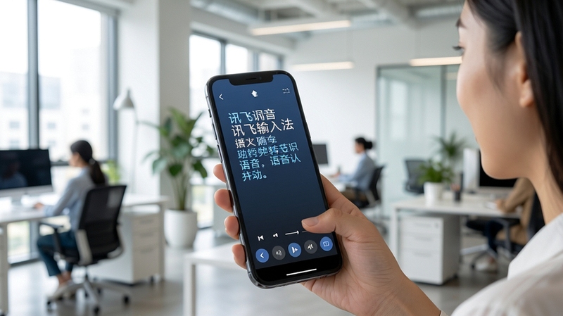 讯飞输入法语音输入功能展示,用户对着手机说话,屏幕上实时显示文字转写结果,背景为现代办公室场景,突出语音识别速度和准确性,画面自然生动。