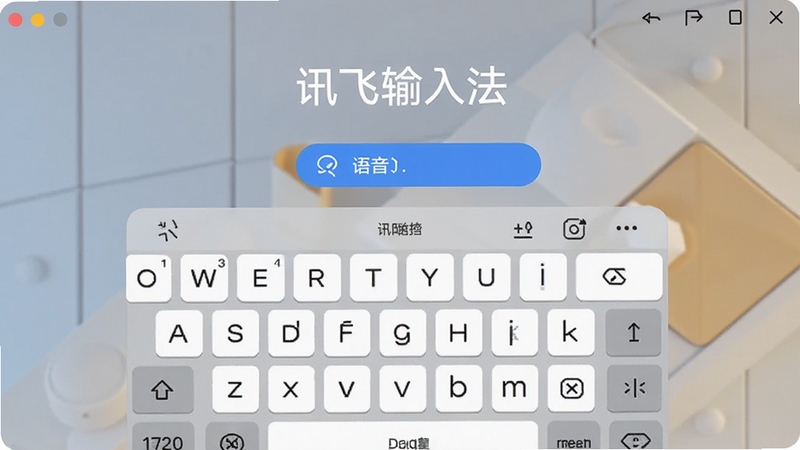 讯飞输入法主界面预览,展示语音输入按钮和键盘布局,背景为现代简约风格,突出软件名称和核心功能,画面清晰明亮,适配Boogu模型生成。