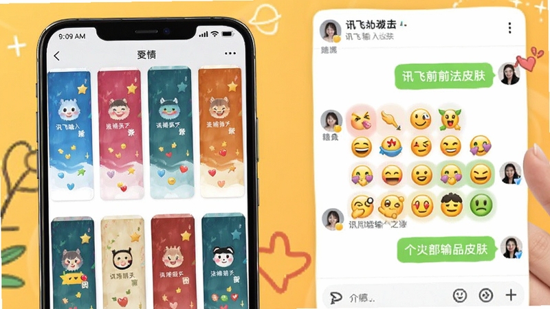 讯飞输入法皮肤与表情功能展示,手机屏幕上显示多种彩色皮肤和表情符号,背景为活泼的社交聊天界面,突出个性化和趣味性。