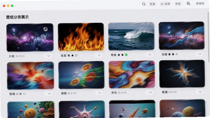 百变动态壁纸的壁纸分类展示界面,屏幕上整齐排列着多个动态壁纸缩略图,包括星空、海洋、火焰、抽象艺术等风格,每张缩略图都呈现出动态模糊效果,界面设计简洁现代,背景为浅灰色,突出壁纸预览图的丰富色彩,强调软件资源的多样性与高清画质