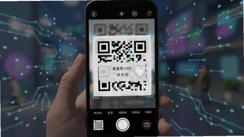 微二维码查扫扫扫描识别二维码的动画效果截图,手机摄像头对准彩色二维码,屏幕显示识别结果弹窗,背景虚化处理,画面科技感十足,Boogu模型生成