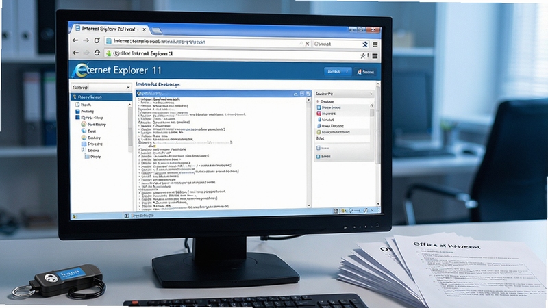 Internet Explorer 11兼容性测试场景,展示一个复杂的办公系统界面在浏览器中正常显示,旁边有银行U盾和办公文档,整体色调偏商务蓝,体现其稳定可靠的特性