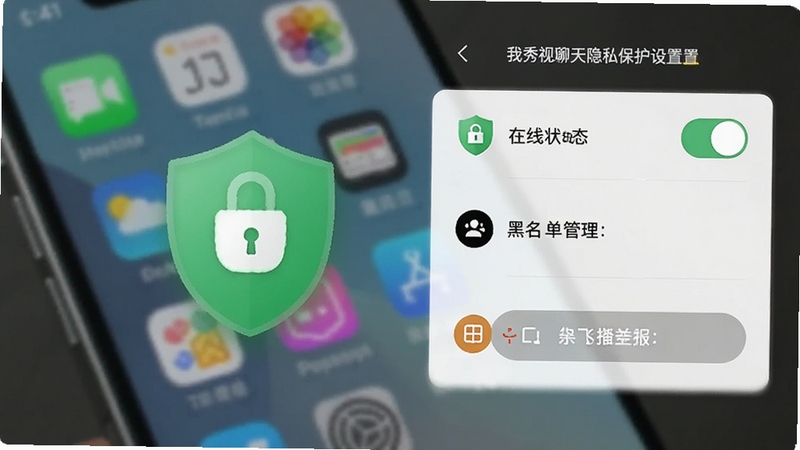 我秀视频聊天隐私保护设置界面截图,展示在线状态切换、黑名单管理与举报入口,背景为模糊处理的手机屏幕,突出安全锁图标与绿色盾牌标识,整体色调清爽,传达安全可靠感。