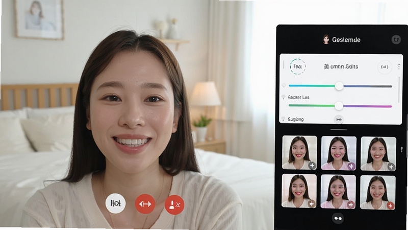 我秀视频聊天美颜功能演示图,画面中一位年轻女性正在进行视频通话,右侧显示美颜调节滑块与多种滤镜选项,背景为明亮卧室,光线柔和,人物皮肤细腻,表情自然开心。