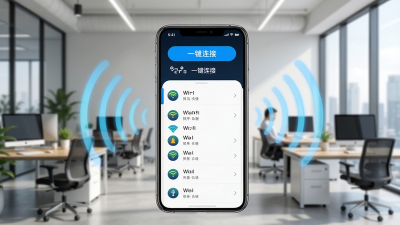 ����WiFi�������ӹ�����ʾͼ���ֻ���Ļչʾ�Զ�ɨ�赽��WiFi�б��������С�һ�����ӡ���ť������Ϊ�ִ��칫�ҳ������������ֻ�λ�����룬��Χ�������źŲ�����Ч��ͻ�������Ƽ���������ӵ��ص㣬��ɫ������ϸ�ڷḻ