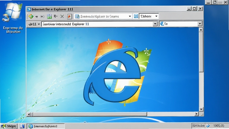 Internet Explorer 11浏览器主界面截图,蓝色e图标在任务栏中央,背景为Windows经典桌面壁纸,界面风格简洁清晰,整体色调明亮,突出浏览器窗口与地址栏,画面中心为IE11主界面