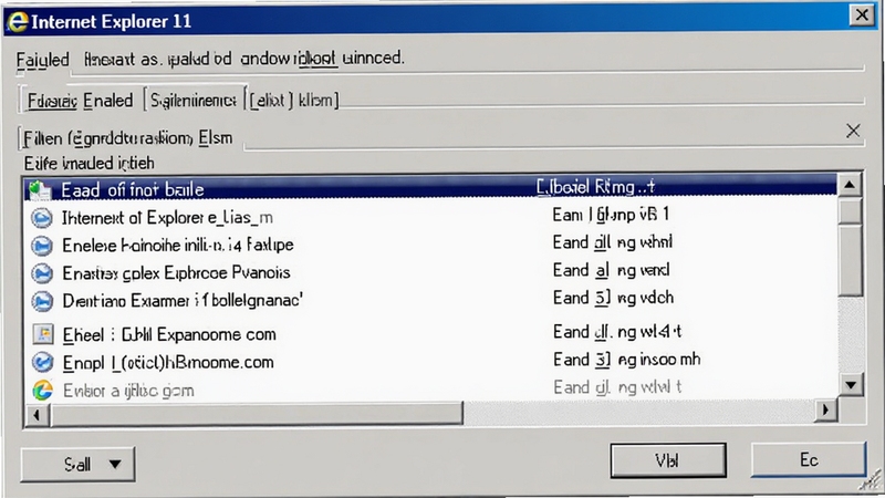 Internet Explorer 11 加载项管理界面,展示已禁用的第三方插件列表,窗口风格为Windows经典对话框样式,布局规整,展现故障排查与优化场景