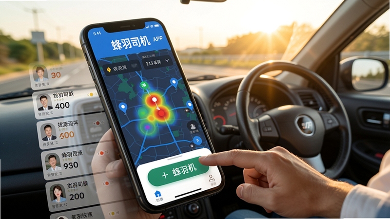 ����˾�������������棬�ֻ���Ļ��ʾ�����б�����ͼ�ϱ�ע��Դ�ȵ㣬˾����ָ���������ť������Ϊ��ʻ���ӽǣ��������䣬дʵ���ͻ������˾��APP����
