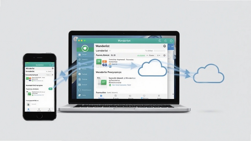 Wunderlist��ƽ̨ͬ��ʾ��ͼ������������ʾһ̨�ʼǱ����Ժ�һ���ֻ�����Ļ�϶���WunderlistӦ�ã�����ͨ���ƶ˵ļ�ͷ���ӣ�����Ϊǳ��ɫ��ǿ���豸�������ͬ��������