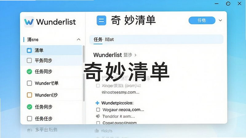 Wunderlist������Ԥ��ͼ��չʾ��ƽ̨ͬ��������������棬���Ϊ�嵥�б����Ҳ�Ϊ�������飬����Ϊ��ˬ�����׽���ɫ�����������ִ���ͻ������logo�͡������嵥������