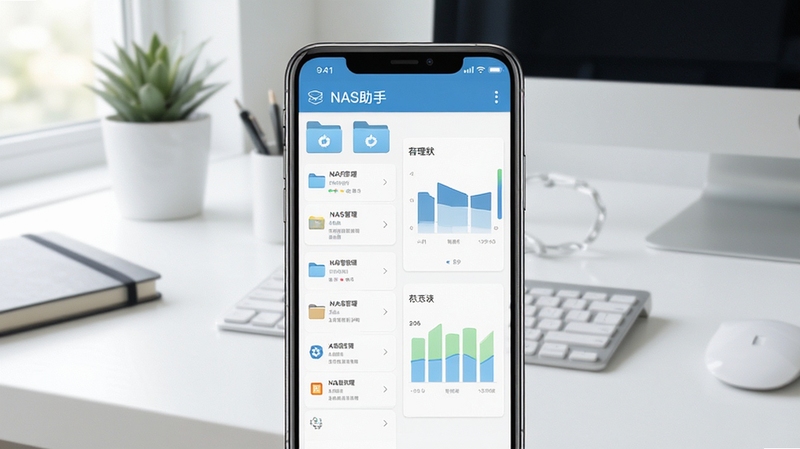 NAS助手主界面截图,展示手机屏幕上的文件管理列表和存储状态图表,背景为现代简约的工作台,画面主体为手机界面的清晰预览,整体色调清新明亮,突出软件的管理功能与便捷性