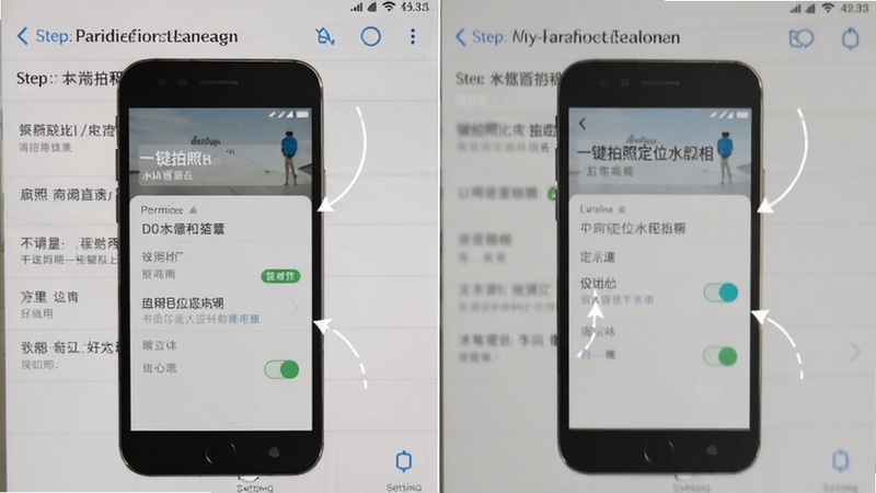 手机安装一键拍照定位水印相机的操作截图,展示权限设置界面和定位开关,背景为手机系统设置页面,步骤指示清晰,风格简洁