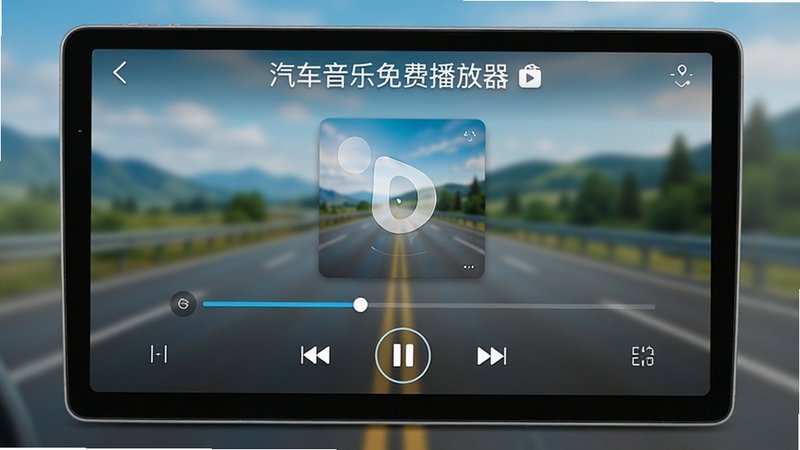 汽车音乐免费播放器主界面预览图,展示车载大屏上的简洁播放界面,背景为模糊的公路风景,界面中央显示专辑封面与进度条,下方为播放控制按钮,整体风格现代科技感,画面清晰明亮,突出软件名称“汽车音乐免费播放器”