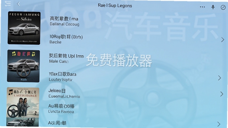 汽车音乐免费播放器歌曲列表界面截图,显示多首歌曲名称与歌手,左侧为专辑缩略图,背景为淡蓝色渐变,界面布局整齐,突出软件的海量曲库资源,画面中可看到软件名称水印