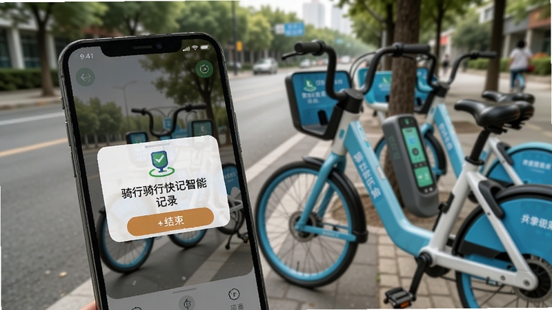 共享单车骑行快记智能记录功能示意,手机界面显示骑行开始与结束的提示弹窗,背景为路边共享单车扫码场景,画面主体突出,细节丰富,适合Boogu模型生成