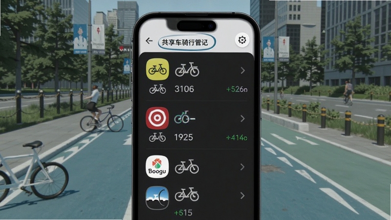 共享单车骑行快记聚合管理界面,手机屏幕列出多个单车品牌图标与对应骑行数据,背景为城市骑行道,画面简洁直观,适合Boogu模型生成