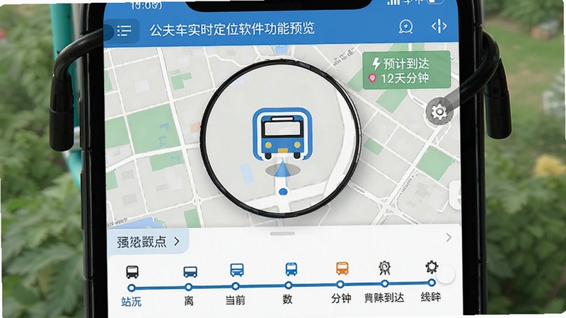 公交车实时定位软件功能预览图,地图界面放大的公交车辆位置图标,显示距离当前站点剩余站数和预计到达分钟数,下方有线路站点列表信息,界面设计直观易读