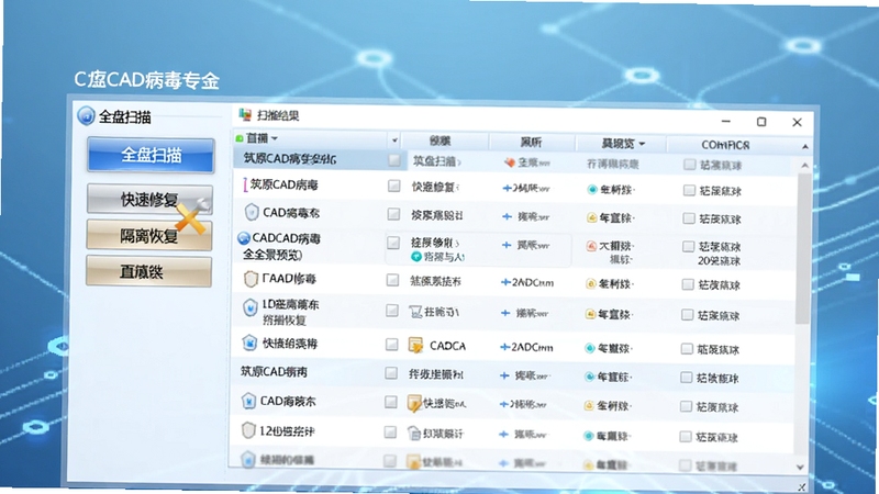 筑原CAD病毒专杀全景预览图,画面中央为软件主界面,左侧功能导航栏清晰可见“全盘扫描”、“快速修复”、“隔离恢复”按钮,右侧大面积扫描结果列表区域,背景为淡蓝色科技感渐变,整体界面风格干净专业,突出软件专注CAD病毒清除的核心功能。