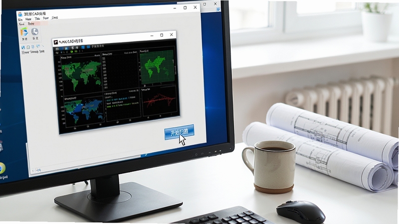 筑原CAD病毒专杀运行在Windows 11桌面上的实拍场景,鼠标指针正悬停在“开始扫描”按钮上方,屏幕上部分区域展示出软件实时监控的悬浮窗,整体环境为整洁的办公桌面,旁边有一杯咖啡和图纸文件,画面清晰明亮。