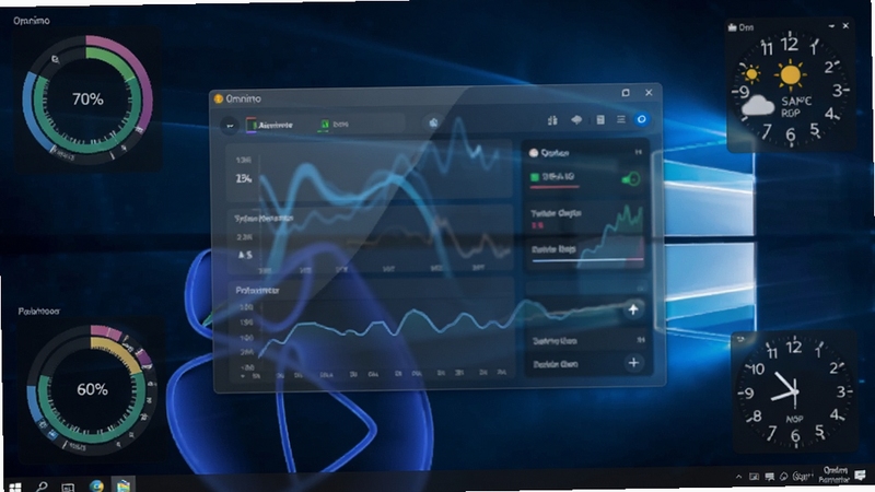 展示 Omnimo for Rainmeter 在 Windows 桌面上运行的完整效果,画面中央是半透明的玻璃质感监控面板,周围环绕着动态的环形系统性能图表与天气时钟小部件,背景为深色抽象科技感壁纸,整体色调为蓝紫色渐变,光影细节丰富,突显现代与高效的视觉风格。