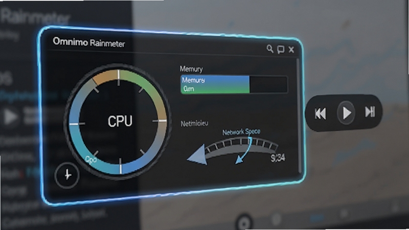 Omnimo for Rainmeter 的功能仪表盘特写,画面聚焦于一个包含环形 CPU 使用率图表、内存占用条和网络速度箭头的半透明控制面板,面板边缘有发光线条,旁边悬浮着媒体播放器控制按钮,背景虚化,突出面板细节和现代 UI 设计。