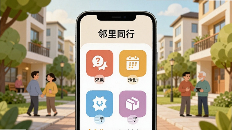 一幅温馨的社区场景插图,画面中央是手机屏幕特写,屏幕上显示“邻里同行”APP主界面,界面有“求助”、“活动”、“二手”等彩色图标,背景是模糊的现代住宅小区,绿树成荫,有居民在散步聊天,整体色调明亮温暖,采用扁平化插画风格,突出社区和谐氛围。