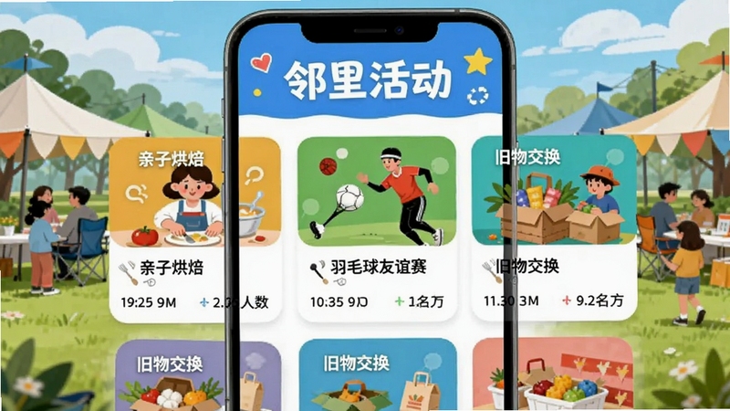社区广场活动页面的手机截图模拟,顶部有“邻里活动”横幅,下面排列着“亲子烘焙”、“羽毛球友谊赛”、“旧物交换”等卡片,每张卡片有日期和报名人数,背景是户外公园的帐篷和人群,色彩鲜艳,插画风格。