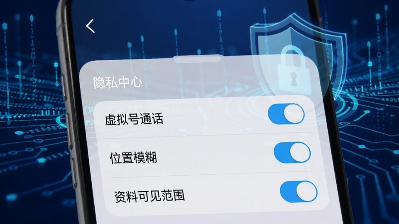 手机设置界面,显示“隐私中心”选项,包含“虚拟号通话”、“位置模糊”、“资料可见范围”等开关,背景是抽象的数据流和盾牌图标,蓝色主调,科技感与安全感结合。