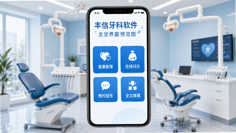 丰信牙科软件主界面预览图,展示口腔健康管理、在线问诊、预约挂号等核心功能模块,界面设计简洁清新,以蓝白为主色调,背景为现代化的牙科诊所环境,手机屏幕居中显示,整体风格专业且友好