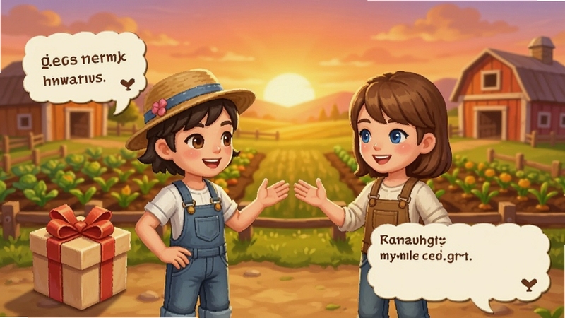 幸福小时光游戏中的好友互动场景,两个角色在农场里互相打招呼,旁边有礼物盒和对话气泡,背景是美丽的夕阳和农田,画面温暖友好