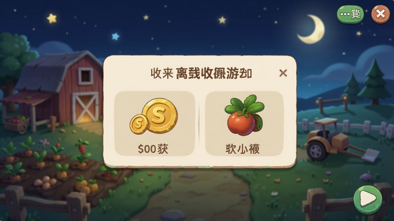 幸福小时光游戏离线收益界面,显示收获金币和作物的弹窗,背景是安静的夜晚农场,星星点点,氛围宁静,强调轻松休闲玩法