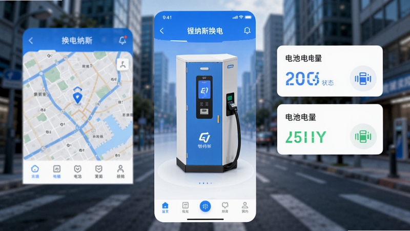 锂纳斯换电app主界面预览图,展示换电柜地图分布、电池电量状态卡片和底部导航栏,画面中心突出换电柜三维模型,背景为城市街道模糊处理,整体风格科技蓝搭配白色,界面清晰明亮,UI设计现代简洁