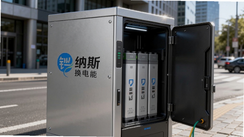 锂纳斯换电智能换电柜实拍图,银灰色柜体上印有锂纳斯换电品牌LOGO,柜门半开露出内部锂电池,背景为城市街头,阳光充足,画面清晰写实,突出柜体科技质感与便捷性
