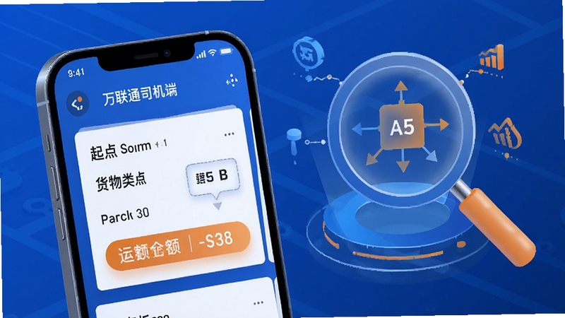 万联通司机端智能匹配功能示意图,手机屏幕上显示匹配到的货源卡片,包含起点终点、货物类型、运费金额,背景有放大镜和推荐算法图形元素,色调以蓝色和橙色为主,科技感强,画面简洁直观