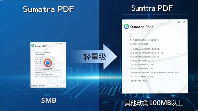 一张对比图,左侧显示Sumatra PDF体积仅5MB,右侧显示其他阅读器体积动辄100MB以上,中间用箭头标注“轻量级”字样,背景为简洁的科技感渐变蓝色,突出Sumatra PDF的轻便优势,包含Sumatra PDF软件名称