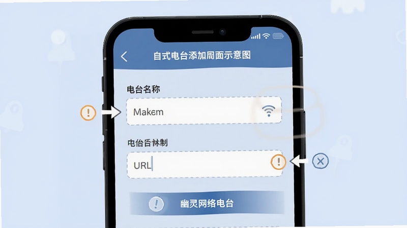幽灵网络电台自定义电台添加界面示意图,手机屏幕显示表单填写,包含电台名称和URL输入框,背景为淡蓝色,有提示图标,画面清晰,突出操作步骤
