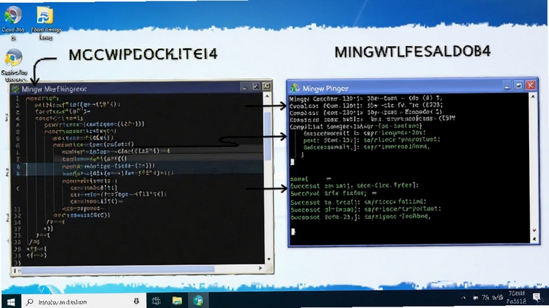 展示Mingw编译器代码编译过程的示意图,画面左侧是C++源代码,右侧是命令行窗口显示编译指令和成功提示,背景为Windows操作系统桌面,图片风格写实清晰。