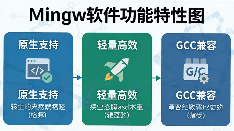 一张Mingw软件功能特性图,画面以信息图形式展示“原生支持”、“轻量高效”和“GCC兼容”三个核心模块,配以简洁的图标和文字说明,色彩搭配专业清晰。