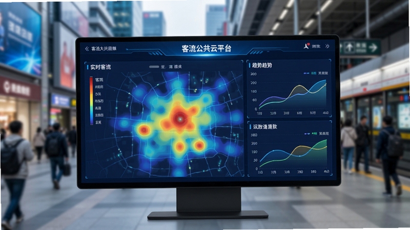 画面主体为客流公共云平台数据大屏界面,背景为模糊的城市商业街区与地铁站人流,屏幕中央显示实时客流热力图与趋势曲线,整体色调蓝白科技感,细节丰富,适合软件产品预览图