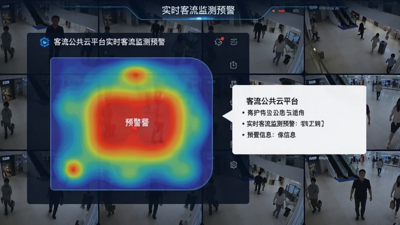 客流公共云平台实时客流监测预警界面,画面显示商场内多个区域的热力分布图,其中一处区域标记为红色预警状态,旁边弹窗提示预警信息,背景为监控摄像头画面拼接,整体风格现代科技感