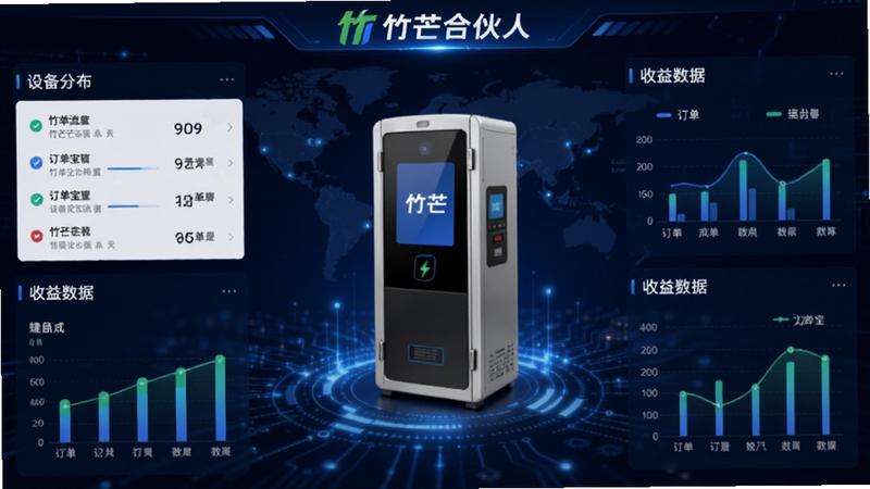 竹芒合伙人软件主界面预览图,展示设备分布地图与收益数据面板,画面以深蓝色科技感背景为主,中央显示充电宝机柜模型,四周环绕订单流水和收益统计图表,整体风格商务专业,清晰标注竹芒合伙人Logo