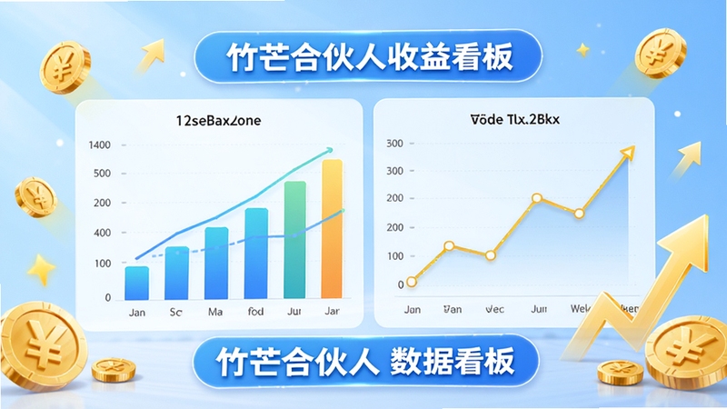 竹芒合伙人收益统计图表展示,画面包含柱状图和折线图,展示营收趋势,背景为浅蓝色渐变,数据面板周围有金币图标和增长箭头,整体风格明亮现代,标注竹芒合伙人数据看板字样
