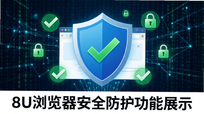 8U浏览器安全防护功能展示图,画面中有一个盾牌图标保护着浏览器窗口,周围有绿色对勾和锁形符号,背景为网络安全数字矩阵,清晰标注8U浏览器名称